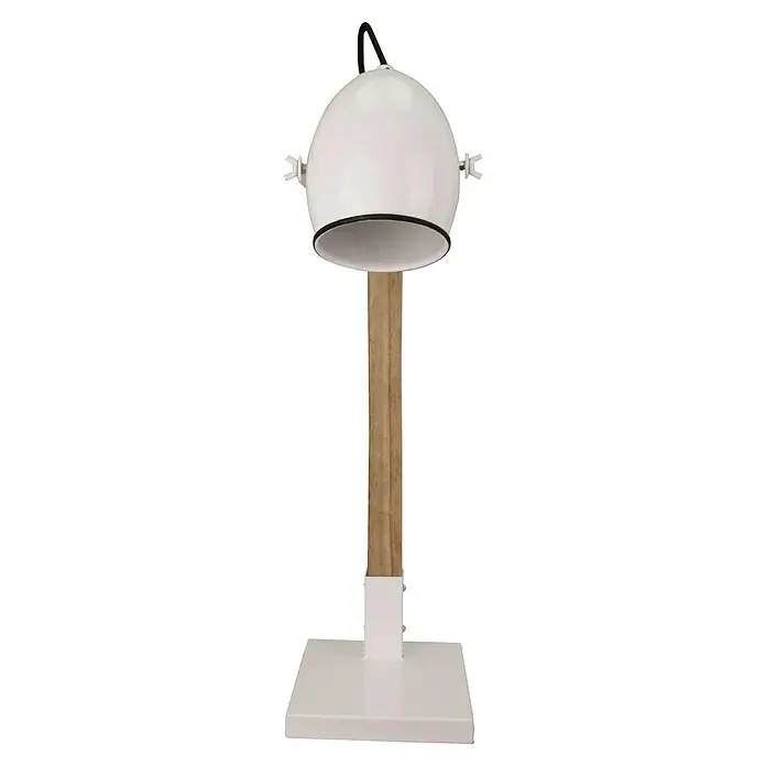 Tischleuchte - 40 W, Holz, E27 - Nahaufnahme einer stilvollen Stehlampe mit einem weißen Schirm und einem Holzständer, die ein modernes Design ausstrahlt.