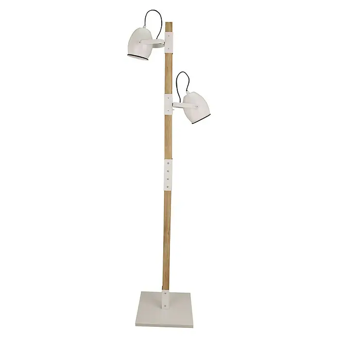 Stehleuchte - 40 W, Höhe: 140 cm, Weiß/Holz, E27 - Eine Stehlampe mit zwei weißen Lampenschirmen, befestigt an einem Holzständer mit weißen Metallverbindungen, ideal für Wohnräume.