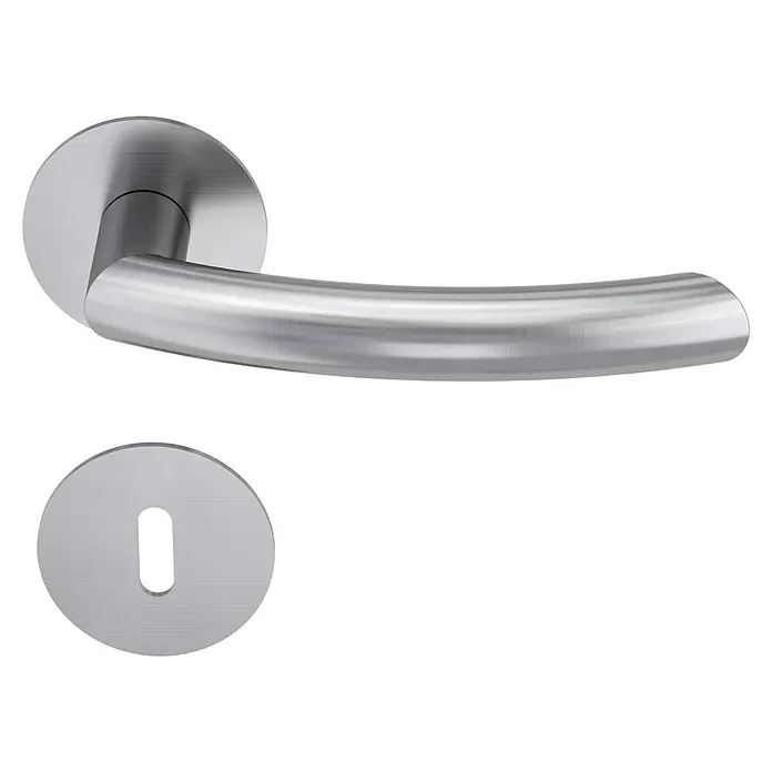 Diamond Doors Design Zimmertürgarnitur Connecticut - Stärke Tür: 40 mm - 45 mm, Edelstahl, L-Form, Buntbart - Eine moderne Türklinke aus Edelstahl mit einem passenden Schlüsselloch, ideal für zeitgemäße Innenräume.
