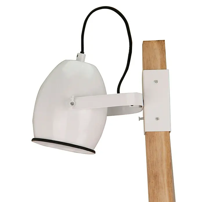 Stehleuchte - 40 W, Höhe: 140 cm, Weiß/Holz, E27 - Nahaufnahme einer eleganten weißen Spotlampe mit schwarzem Kabel, befestigt an einem Holzständer mit weißen Halterungen.