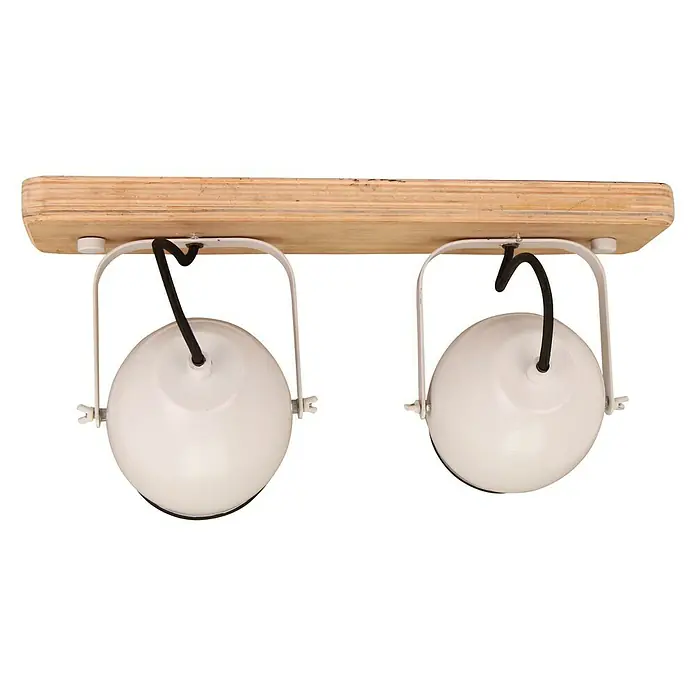 Foco de pared Country Home - 40 W, Blanco, E27, 2 ud. - Elegante lámpara de techo con dos pantallas esféricas blancas y placa de montaje de madera para iluminación moderna.