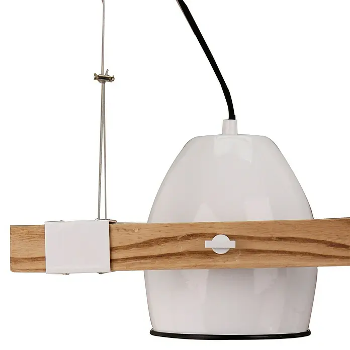 Pendelleuchte - 40 W, Weiß/Holz, E27 - Hängeleuchte mit einem weißen Lampenschirm, der von einem Holzstück und einem weißen Metallrahmen gehalten wird. Ideal für modernes Innendesign.