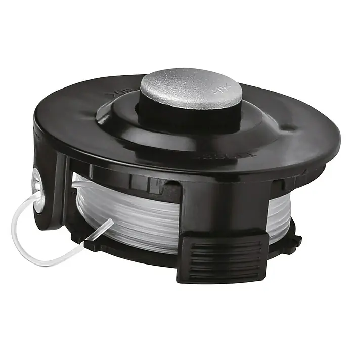 Makita Fadenkopf Tap&Go - Passend für: Makita Akku-Rasentrimmer DUR181Z und DUR181RF - Nahaufnahme eines Fadenspulenkopfes für Rasentrimmer, der Ersatzfaden enthält. Er ist schwarz mit einem grauen Knopf.