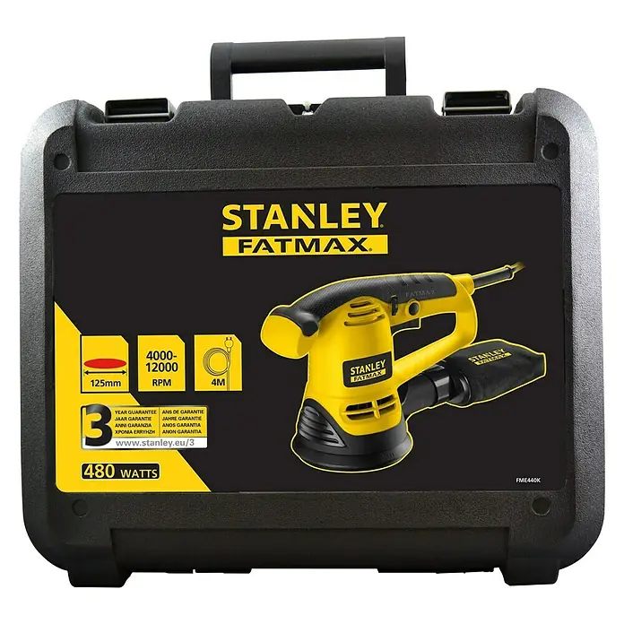 Stanley FatMax Elektro-Exzenterschleifer FME440K-QS - 480 W - Bild einer schwarzen Stanley Fatmax Schleifmaschine im Koffer.
