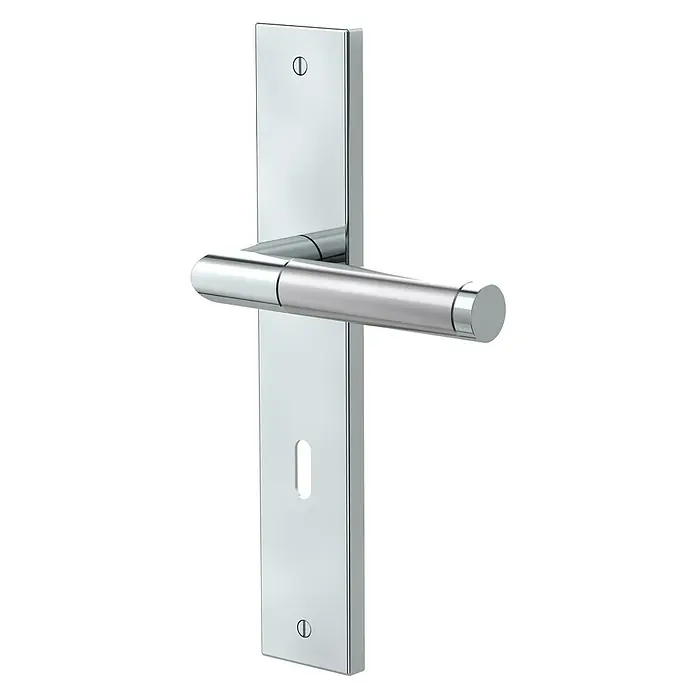 Diamond Doors Creative Drückergarnitur Louisiana - Stärke Tür: 38 mm - 45 mm, Edelstahl, L-Form, Buntbart - Silberner Türgriff mit rechteckiger Rosette und Schlüsselloch. Elegantes Design für moderne Innentüren. Hochwertige Verarbeitung und zeitloses Aussehen.