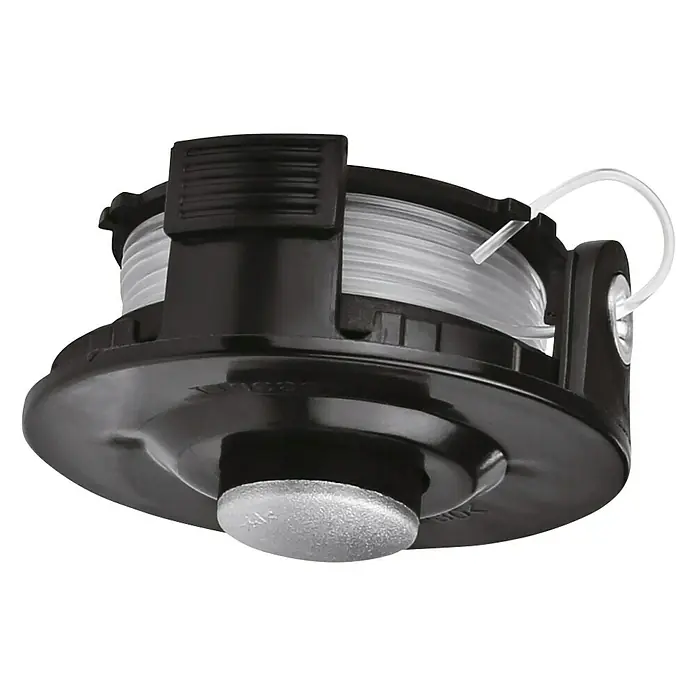 Makita Fadenkopf Tap&Go - Passend für: Makita Akku-Rasentrimmer DUR181Z und DUR181RF - Nahaufnahme eines Trimmerkopfes mit Schnur, der ein nützliches Gartengerät zum Trimmen von Gras und Unkraut darstellt.