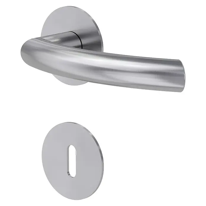 Diamond Doors Design Zimmertürgarnitur Connecticut - Stärke Tür: 40 mm - 45 mm, Edelstahl, L-Form, Buntbart - Türbeschlag aus Edelstahl, bestehend aus einem Türgriff und einer Schlüsselrosette, auf schwarzem Hintergrund.