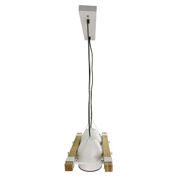 Pendelleuchte - 40 W, Weiß/Holz, E27 - Eine Nahaufnahme einer Grow-Lampe mit hölzernen Stützstrukturen und weißen Lampenschirmen, die für den Innenbereich geeignet ist.