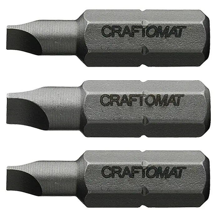 Craftomat Bit Standard - SL 2/2,5/3, 3 -tlg. - Nahaufnahme von drei Craftomat Schlitz-Bits, ideal für Schraubarbeiten mit hoher Präzision und langer Lebensdauer.