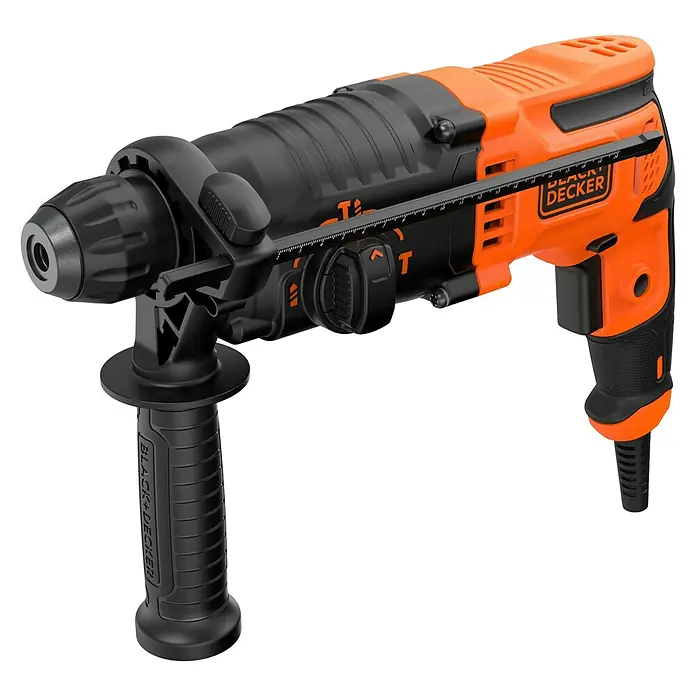 Black+Decker Kombihammer BEHS01K-QS - 650 W, 1,4 J, SDS-Plus-Aufnahme - Ein Black+Decker Bohrer mit einer orangen Karosserie und einem schwarzen Griff. Ideal zum Bohren und Schrauben in verschiedenen Materialien.