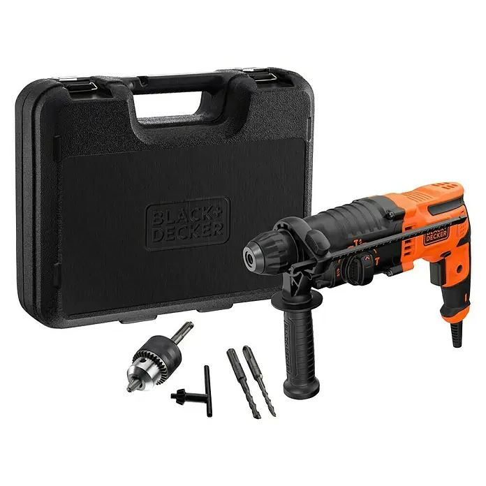 Black+Decker Kombihammer BEHS01K-QS - 650 W, 1,4 J, SDS-Plus-Aufnahme - Black+Decker Schlagbohrmaschine mit Zubehör und Koffer. Eine leistungsstarke und vielseitige Bohrmaschine für Heimwerkerprojekte.