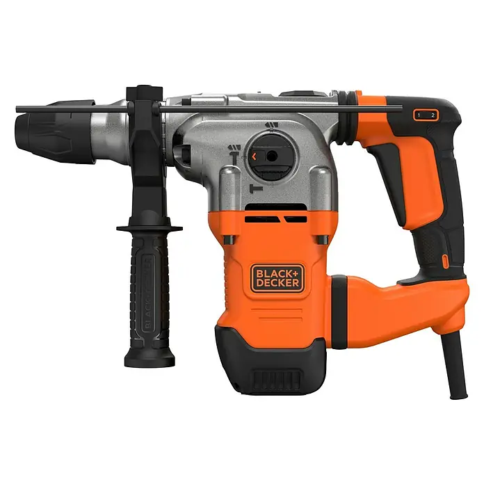 Black+Decker Kombihammer BEHS03K-QS - 1.250 W, 3,7 J, SDS-Plus-Aufnahme - Abbildung eines Black+Decker Bohrhammers in Silber und Orange mit Zusatzhandgriff und Tiefenanschlag.