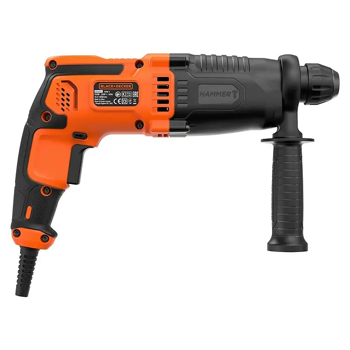 Black+Decker Kombihammer BEHS01K-QS - 650 W, 1,4 J, SDS-Plus-Aufnahme - Ein detailreiches Bild eines Black+Decker Hammerbohrers, der Robustheit und Funktionalität für Bauprojekte vereint.