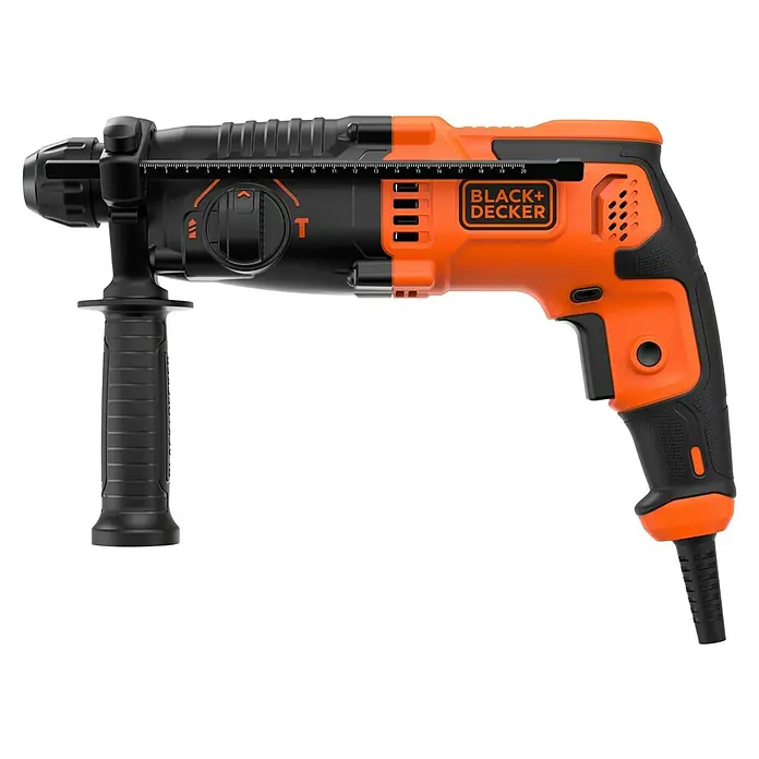 Black+Decker Kombihammer BEHS01K-QS - 650 W, 1,4 J, SDS-Plus-Aufnahme - Ein orange-schwarzer Black+Decker Schlagbohrer. Der Schlagbohrer ist mit einem Zusatzhandgriff und einem Tiefenanschlag ausgestattet.