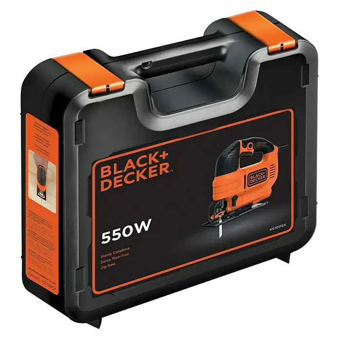 Black+Decker Elektro-Pendelhubstichsäge KS701PEK-QS - 3.000 /min, Max. Schnitttiefe in Holz: 70 mm, Anzahl Pendelhubstufen: 4 Stk. - Abbildung einer Black+Decker Stichsäge (550W) im dazugehörigen Koffer, ideal für Heimwerker und Profis zum präzisen Sägen.
