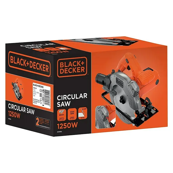 Black+Decker Handkreissäge CS1250L-QS - 1.250 W, Durchmesser Sägeblatt: 190 mm - Nahaufnahme der Verpackung einer BLACK+DECKER Kreissäge mit 1250 W Leistung, ideal für präzise Holzschnitte.
