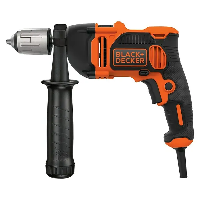 Black+Decker Schlagbohrmaschine BEH850K-QS - 850 W, Leerlaufdrehzahl 1. Gang: 3.100 U/min, Max. Schlagzahl: 54.400 /min - Eine Black+Decker Bohrmaschine in Orange und Schwarz mit Zusatzgriff für präzises Arbeiten. Ideal für Heimwerkerprojekte.