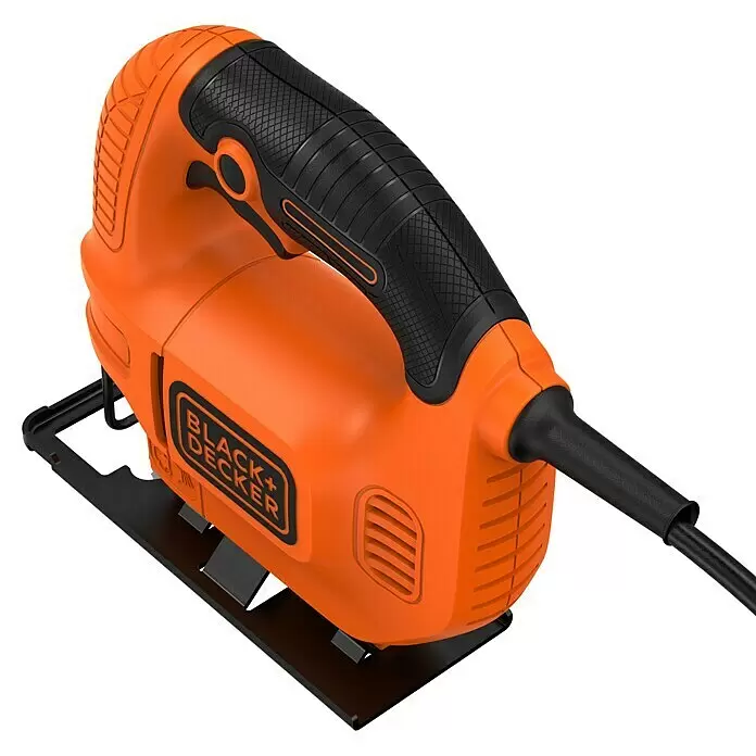 Black+Decker Elektro-Stichsäge KS501-QS - 3.000 /min, 65 mm - Orangen-schwarze Black+Decker Stichsäge mit strukturiertem Griff und schwarzem Fuß für präzises Schneiden.