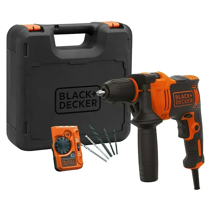 Black+Decker Taladro percutor BEH710K - 710 W, 2.800 r.p.m., Número máx. de impactos: 47.600 /min - Imagen de un juego de taladro Black+Decker con taladro, nivel, brocas y estuche de almacenamiento.