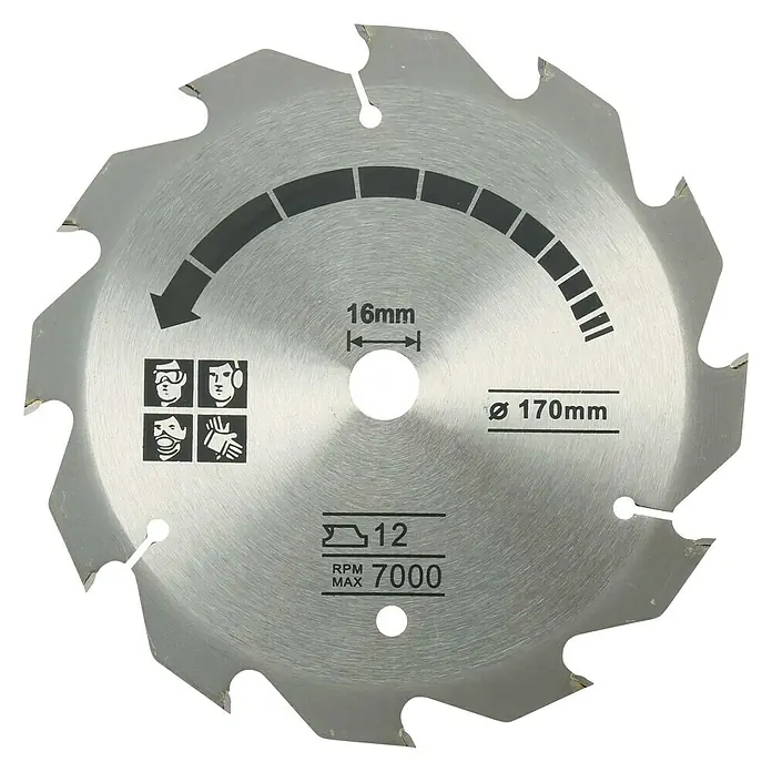 Black+Decker Handkreissäge CS1250L-QS - 1.250 W, Durchmesser Sägeblatt: 190 mm - Nahaufnahme eines Kreissägeblatts mit Kennzeichnungen zu Größe, Drehrichtung, Sicherheitsvorkehrungen und maximaler Drehzahl.