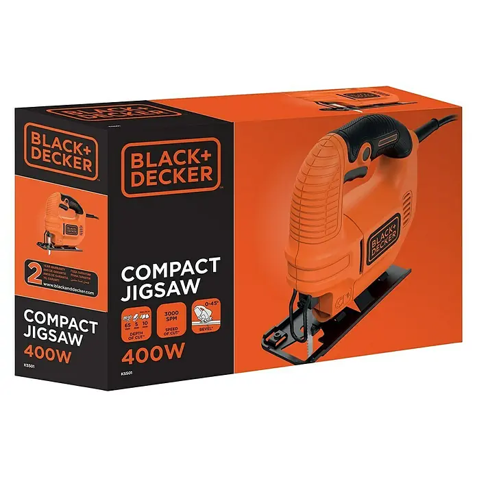 Black+Decker Elektro-Stichsäge KS501-QS - 3.000 /min, 65 mm - Produktverpackung einer BLACK+DECKER Kompakt-Stichsäge mit 400W, ideal für präzise Schnitte in verschiedenen Materialien.