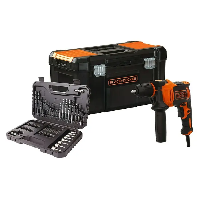 Black+Decker Taladro percutor BEH710K - 710 W, 2.800 r.p.m., Número máx. de impactos: 47.600 /min - Un juego de taladro Black+Decker que incluye una caja de herramientas, un taladro y un juego de varias puntas y brocas, ideal para proyectos de bricolaje.