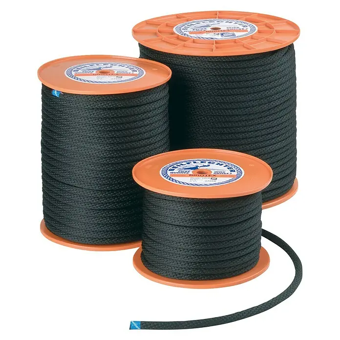Seilflechter Cabo a metros Spiral birotex - Diámetro: 18 mm, Plástico, Negro - Tres carretes de cordón de sellado negro sobre carretes naranjas. Ideal para trabajos de sellado.