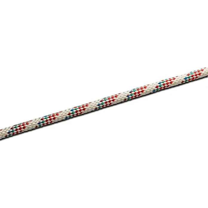 Seilflechter Cabo a metros Atlantik Plus - Diámetro: 14 mm, Poliéster, Blanco/rojo - Primer plano de una cuerda de escalada blanca robusta con detalles rojos, verdes y azules, ideal para alpinistas y aventureros.