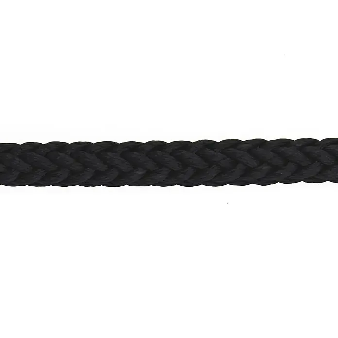 Seilflechter Cabo a metros Birotex T-12 - Diámetro: 12 mm, Plástico, Negro - Primer plano de una robusta cuerda negra trenzada, ideal para aplicaciones marinas y fijaciones robustas, que ofrece fuerza y fiabilidad.