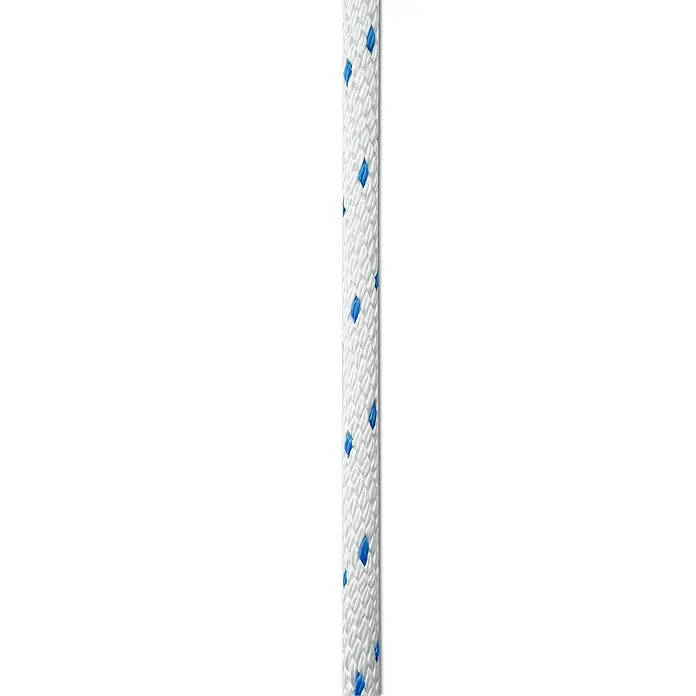 Seilflechter Cabo a metros Spiral birotex - Diámetro: 20 mm, Plástico, Blanco - Primer plano de una cuerda blanca con detalles azules, adecuada para diversos propósitos y que promete alta calidad.