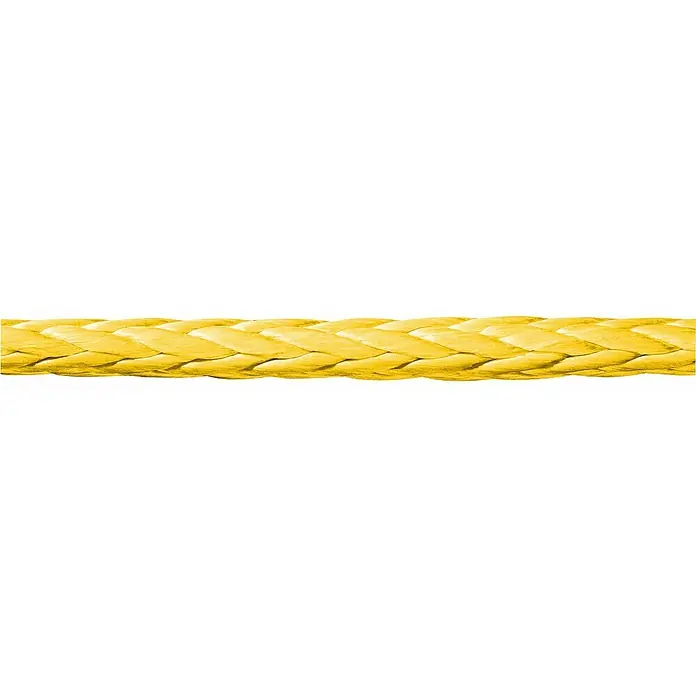 Seilflechter Gaza PU 12 - Diámetro: 6 mm, Amarillo, Novoleen - Primer plano de una cuerda amarilla con un patrón trenzado, ideal para aplicaciones náuticas o como elemento decorativo.