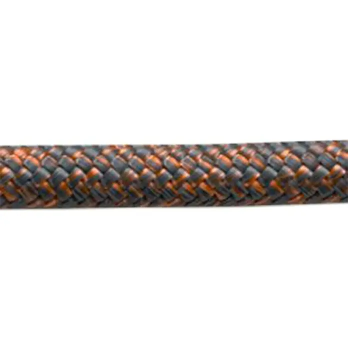 Seilflechter Cabo a metros Tornado Grip Plus - Diámetro: 12 mm, Poliéster, Gris/Naranja - Primer plano de una cuerda trenzada robusta con un patrón complejo en tonos grises y naranjas, ideal para aplicaciones exteriores y marinas.