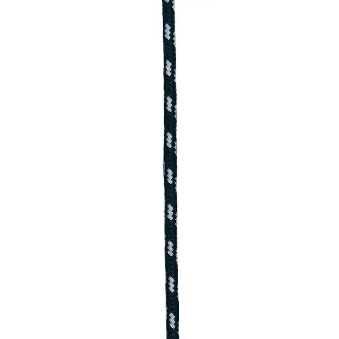 Seilflechter Cabo a metros Yacht-Sheet - Diámetro: 10 mm, Poliéster, Negro/Blanco - Una cuerda elástica trenzada oscura con sutiles acentos blancos serpentea contra un fondo neutro. Ideal para aplicaciones versátiles.