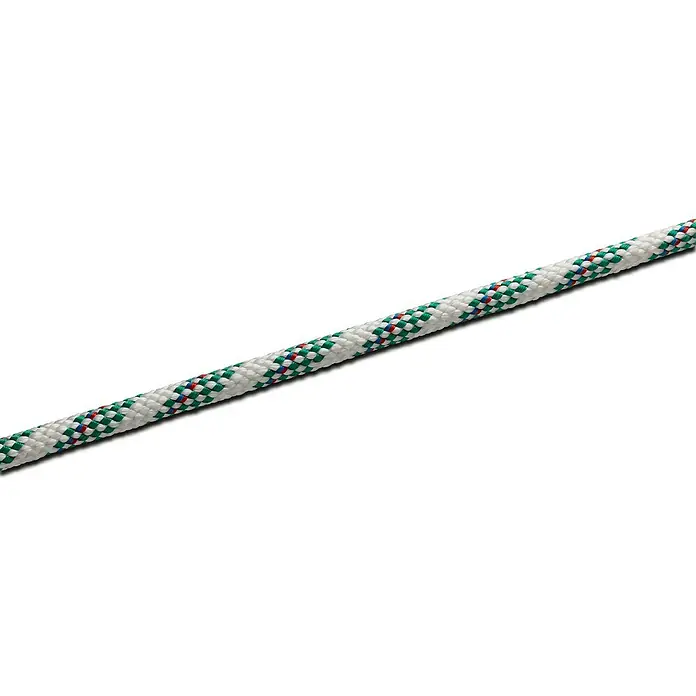 Seilflechter Cabo a metros Atlantik plus - Diámetro: 10 mm, Poliéster, Blanco/Verde - Primer plano de una cuerda blanca con un patrón verde, rojo y azul. La cuerda está dispuesta diagonalmente sobre un fondo blanco y tiene una ligera sombra.