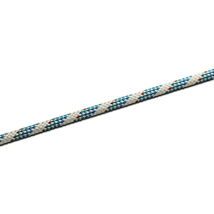Seilflechter Cabo a metros Atlantik Plus - Diámetro: 16 mm, Poliéster, Blanco/Azul - Primer plano de una cuerda de escalada trenzada y robusta con un patrón de blanco, azul, verde y rojo, diseñada para seguridad y durabilidad.
