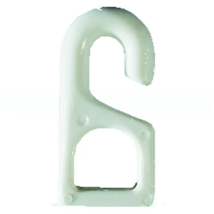 Seilflechter Gancho de patente - Nylon, Específico para: Cuerdas de 6 mm - Primer plano de un gancho de plástico blanco con un agujero central. Versátil para colgar ropa y otros objetos.