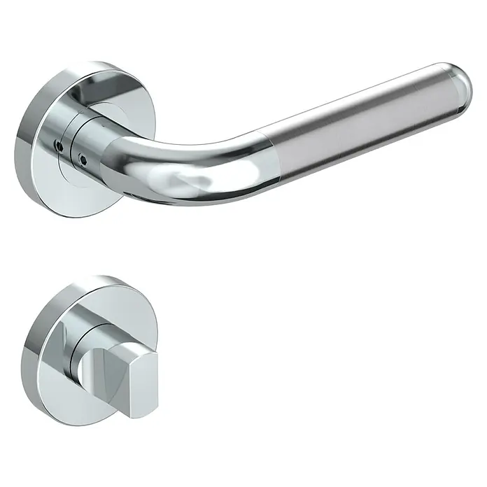 Diamond Doors Creative Drückergarnitur WC Idaho - Schlitzkopf/Olive - Dieses Bild zeigt einen glänzenden, modernen Türgriff mit passendem Drehknopf auf einem schwarzen Hintergrund.