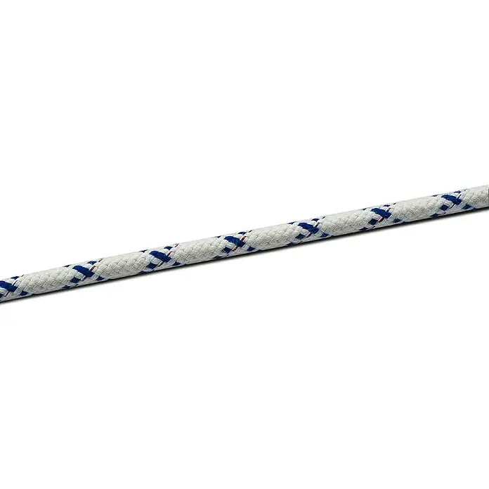 Seilflechter Cabo a metros Olympia-Star-Line - Diámetro: 14 mm, Poliéster, Blanco/Azul - Primer plano de una cuerda trenzada resistente en blanco y azul, ideal para la vela, actividades al aire libre o como elemento decorativo.