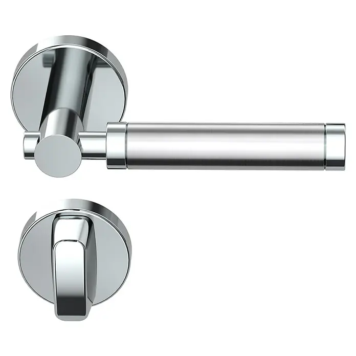 Diamond Doors Creative WC-Drückergarnitur WC Hawaii - Stärke Tür: 40 mm - 45 mm, Edelstahl, L-Form - Nahaufnahme einer glänzenden, modernen Türgarnitur aus Chrom. Das Design ist schlicht und elegant, ideal für moderne Innenräume.