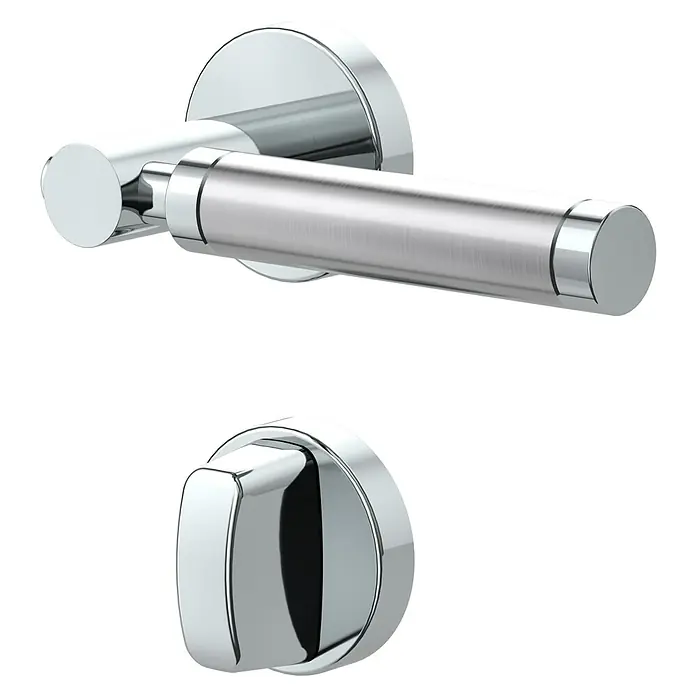 Diamond Doors Creative WC-Drückergarnitur WC Hawaii - Stärke Tür: 40 mm - 45 mm, Edelstahl, L-Form - Nahaufnahme eines glänzenden, modernen Türgriffs und eines Drehknopfs aus Chrom, die ein stilvolles und funktionales Design für jede Tür zeigen.