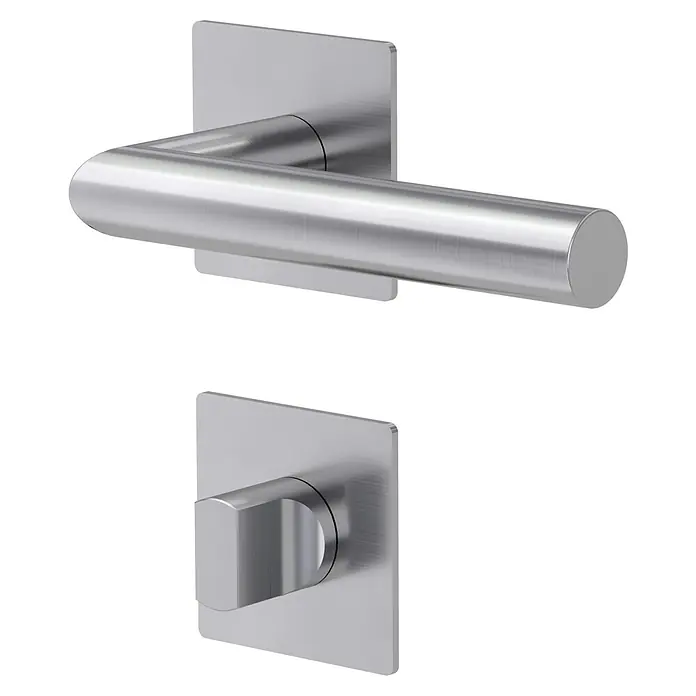 Diamond Doors Design Zimmertürgarnitur WC Illinois L-Form - Stärke Tür: 40 mm - 45 mm, Edelstahl, L-Form, Schlitzkopf/Olive - Nahaufnahme eines modernen Türgriffs und eines Drehknopfes aus gebürstetem Stahl auf schwarzem Hintergrund. Elegantes Design für moderne Inneneinrichtungen.
