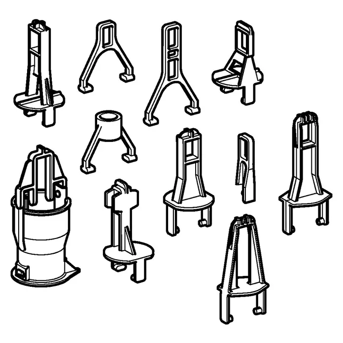 Geberit Bügel-Set 241.167.00 - 11 -tlg., Passend für: Geberit Heberglocke - Eine Sammlung von Betonabstandhaltern in verschiedenen Designs, dargestellt in einer Schwarz-Weiß-Illustration.