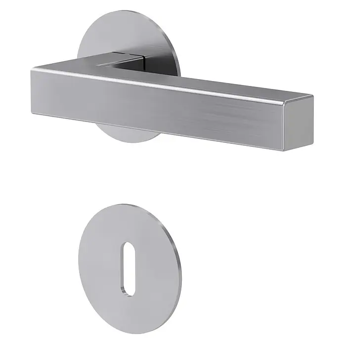 Diamond Doors Design Zimmertürgarnitur Pennsylvania - Stärke Tür: 40 mm - 45 mm, Edelstahl, L-Form, Buntbart - Nahaufnahme eines modernen Türgriffs aus Edelstahl mit Rosette und Schlüsselloch. Elegantes Design für ein stilvolles Zuhause.