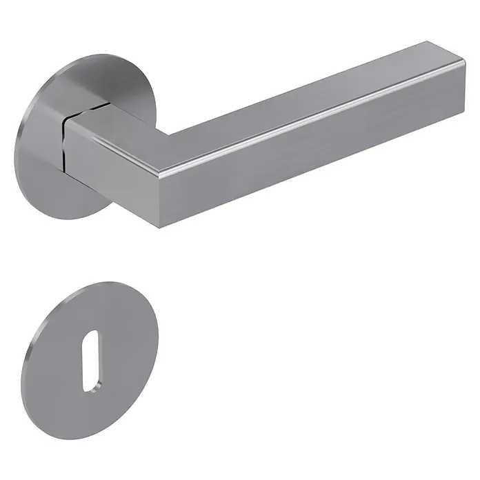 Diamond Doors Design Zimmertürgarnitur Pennsylvania - Stärke Tür: 40 mm - 45 mm, Edelstahl, L-Form, Buntbart - Elegante Edelstahl-Türgarnitur mit eckigem Griff und runder Rosette für ein modernes Ambiente.\n