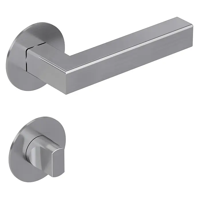 Diamond Doors Design Zimmertürgarnitur WC Pennsylvania - Stärke Tür: 40 mm - 45 mm, Edelstahl, L-Form, Schlitzkopf/Olive - Elegante Türgarnitur aus Edelstahl mit eckigem Griff und runder Rosette für ein modernes Design. Perfekt für stilvolle Innentüren.