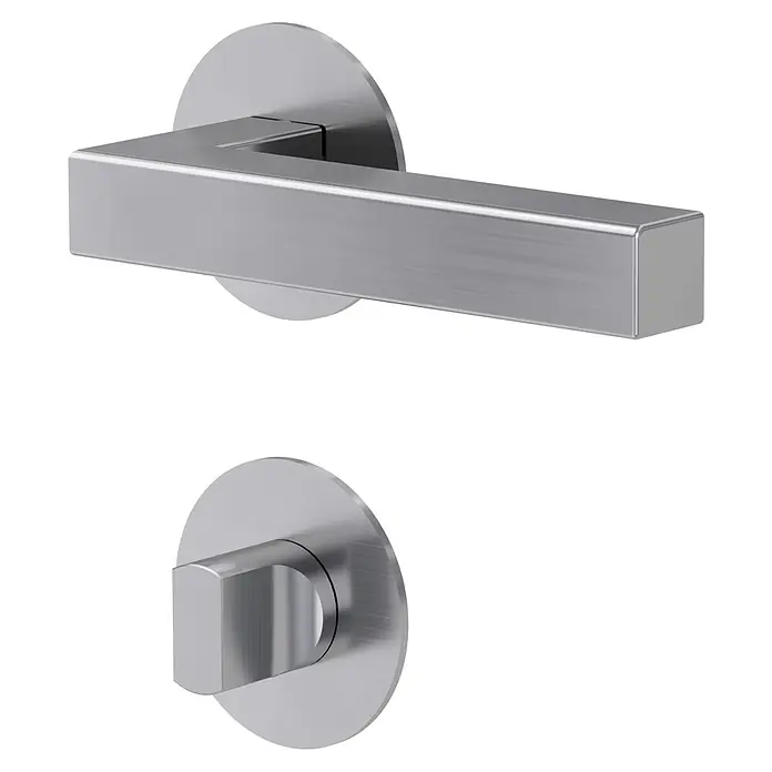 Diamond Doors Design Zimmertürgarnitur WC Pennsylvania - Stärke Tür: 40 mm - 45 mm, Edelstahl, L-Form, Schlitzkopf/Olive - Elegantes Türdrücker-Set mit einem modernen, rechteckigen Griff und passendem Drehknopf in stilvollem Silber.