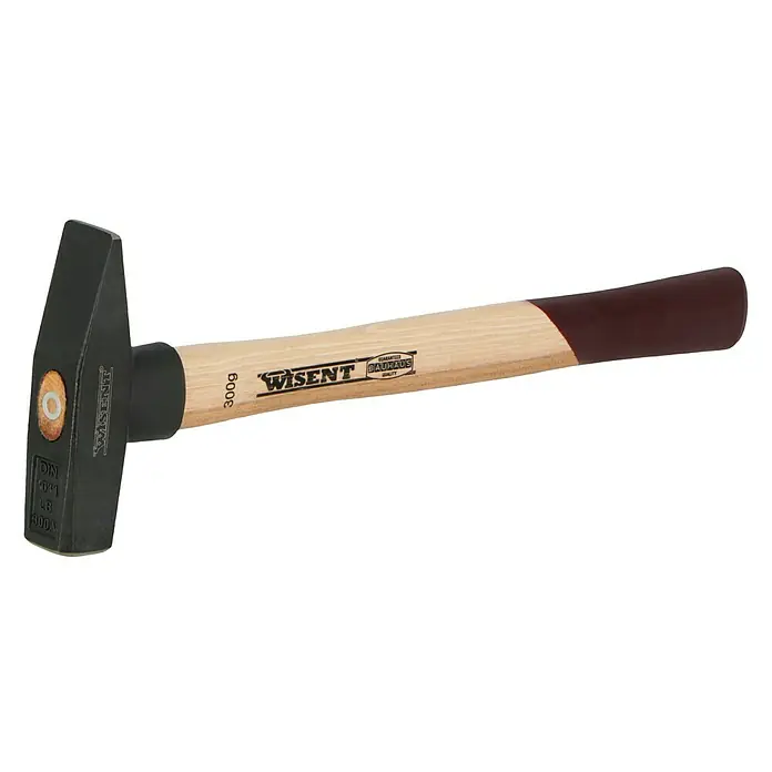 Wisent Schlosserhammer - 300 g, Holz Hickory - Dieser Artikel zeigt einen Wisent-Hammer mit einem Holzgriff und einem schwarzen Kopf. Dieses Werkzeug ist ideal für Handwerker.