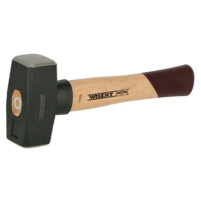 Wisent Fäustel - 1.500 g, Holz Hickory - Nahaufnahme eines WISENT-Fäustels mit Holzgriff, ideal für schwere Abbruch- und Maurerarbeiten im Bau- und Handwerksbereich.
