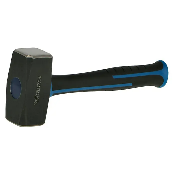 Herkules Juego de martillo y cinceles - 3 pzs., Acero - Primer plano de una maza con mango negro y detalles azules, mostrando una herramienta para trabajos pesados.