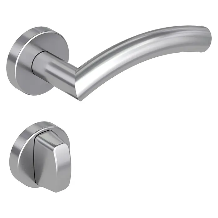 Diamond Doors Creative Drückergarnitur WC New Jersey - Stärke Tür: 40 mm - 45 mm, Edelstahl, L-Form, Schlitzkopf/Olive - Ein modernes, silberfarbenes Türgriff-Set mit einem eleganten, gebogenen Griff und passendem Drehknopf für den Innenbereich.